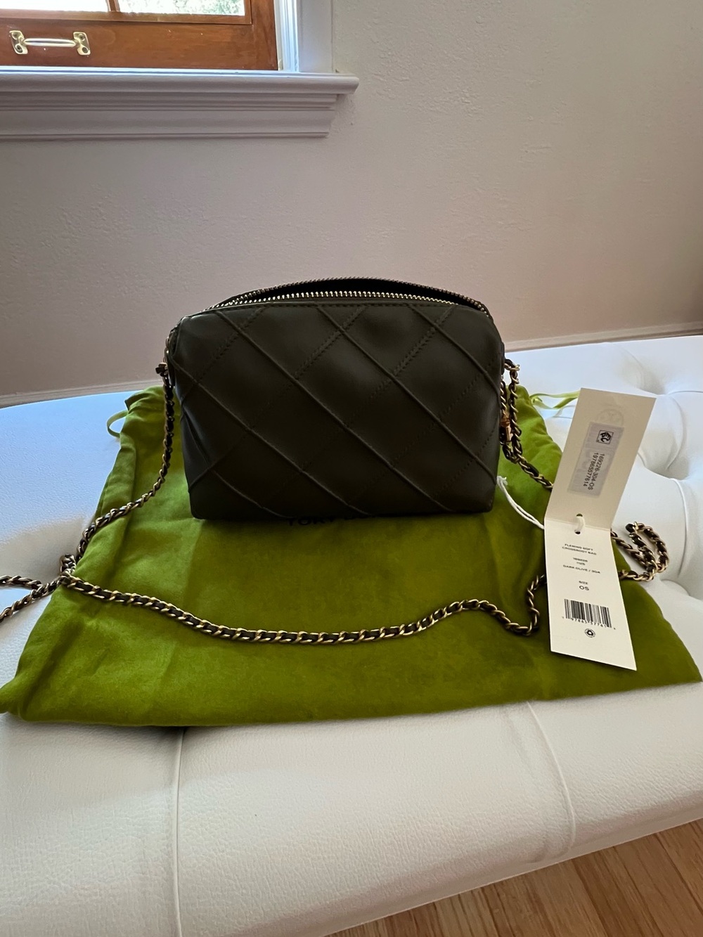 Tory Burch Fleming Small Quilted Olive Crossbody Shoulder Bag